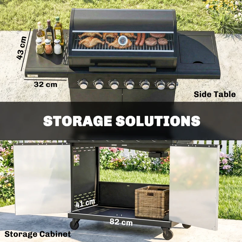 Outsunny 6+1 Burner Gas BBQ Grill, Outdoor Barbecue Trolley with Wheels, Warming Rack, Thermometer, Bottle Opener, Black