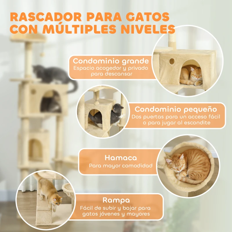 PawHut Árbol Rascador para Gatos 180 cm con Plataformas Cama 2 Cuevas Hamaca Escalera Postes de Sisal Beige