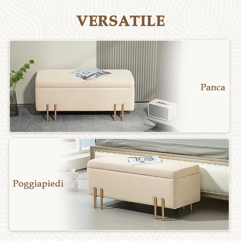 HOMCOM Panca Fondo Letto Moderna con Spazio Contenitore Interno, in Poliestere Beige, 100x40x42 cm