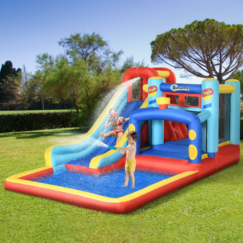 Outsunny Castelo Insuflável com Inflador Escorrega Trampolim Piscina Bolsa de Transporte 435x245x200cm Multicolorido