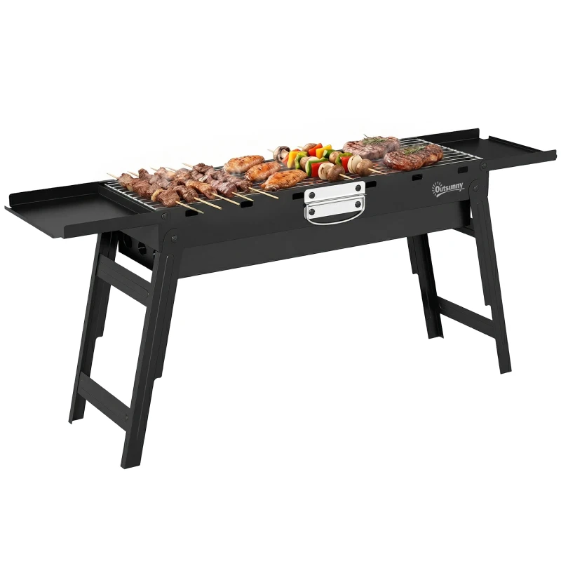 Outsunny Portable BBQ Grill, Foldable Charcoal Grill for Camping and Picnics with 2 Side Shelves and Handle, Black
