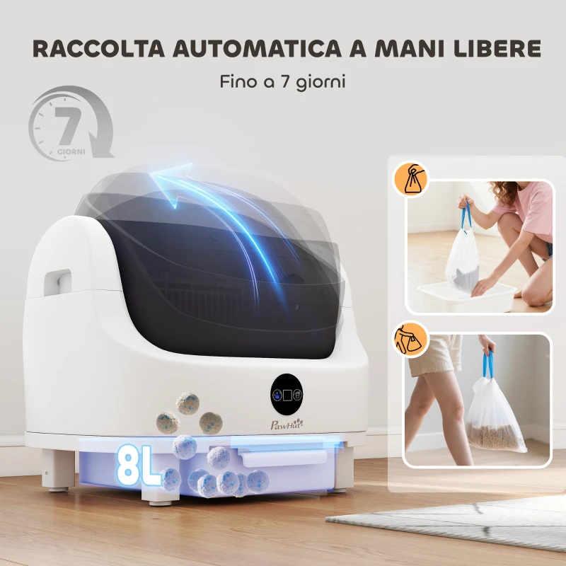 PawHut Lettiera per Gatti Autopulente con Design Aperto, Sensori di Sicurezza e Deodorante, Bianco