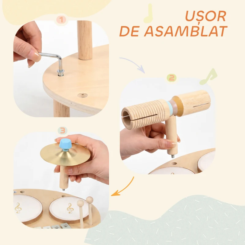 AIYAPLAY Set de Instrumente Muzicale pentru Copii de la 2+ Ani cu Tobe și Xilofon, Culoare Naturală
