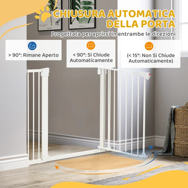 PawHut Cancelletto per Cani Taglia Piccola e Media con Doppia Serratura e Chiusura Automatica, 76-103x4.2x77 cm, Bianco