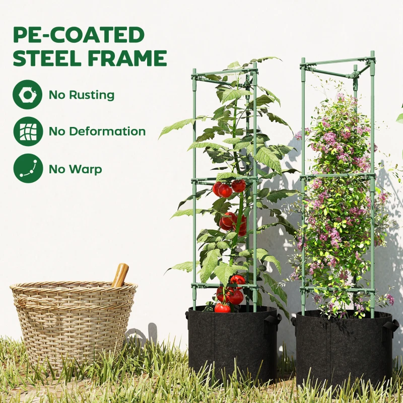 Outsunny 3 Packs Tomato Cages with 83.7L Grow Bags, 120cm Adjutstable Triangle Plant Stakes Support Trellis with Planter Bags