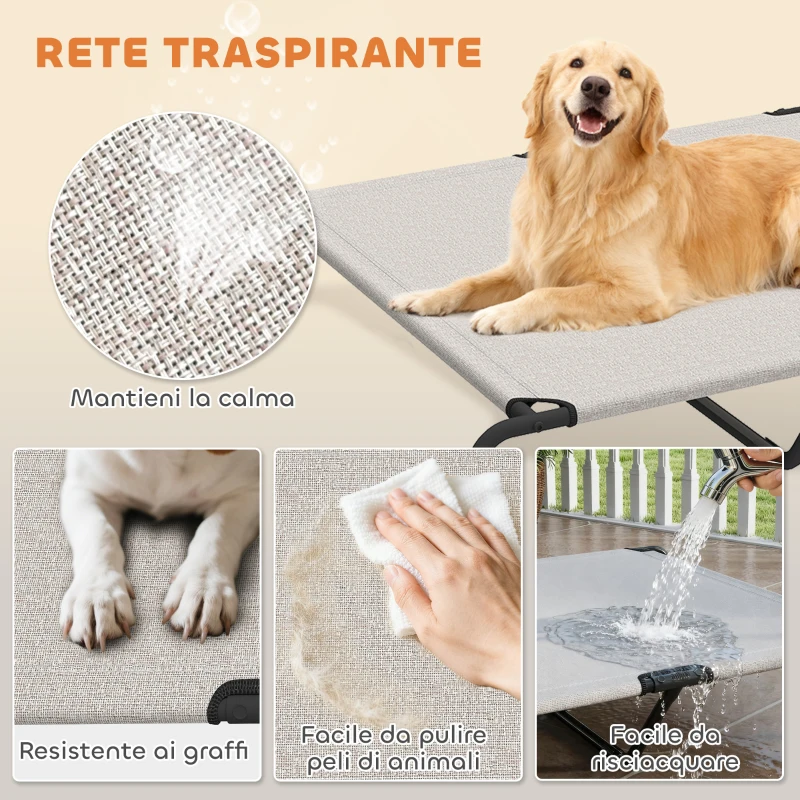 PawHut Lettino per Cani Grandi Rialzato da Esterno in Acciaio e Rete Traspirante, 152x94x23 cm, Beige