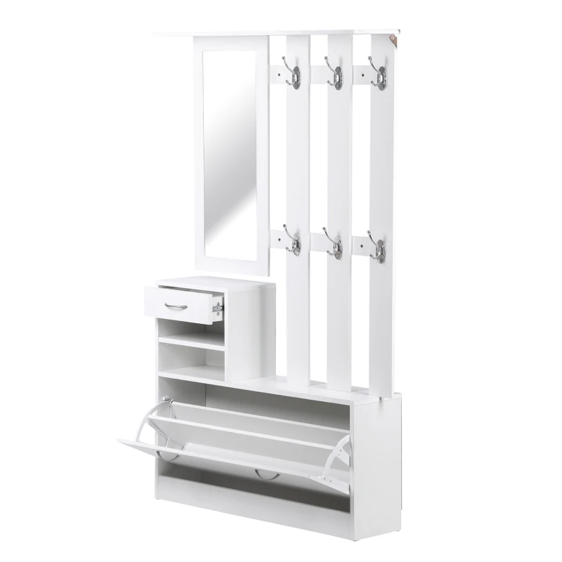 HOMCOM Mobila de Hol Moderna Garderoba Set Cuier, Oglinda si Dulap Pantofi 3 in 1, in Lemn Alb