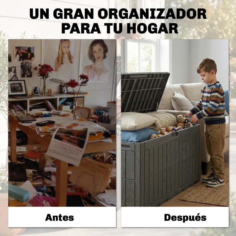 Outsunny Arcón Exterior Capacidad 440L de Resina Resistente al Agua y a los Rayos UV con Tapa Bloqueable Barras de Gas Café