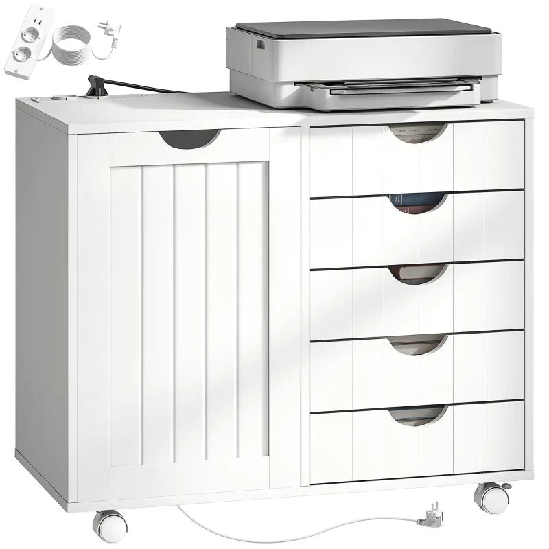 HOMCOM Mueble para Impresora con Estación de Carga y Ruedas 5 Cajones Puertos USB Estante Ajustable Blanco