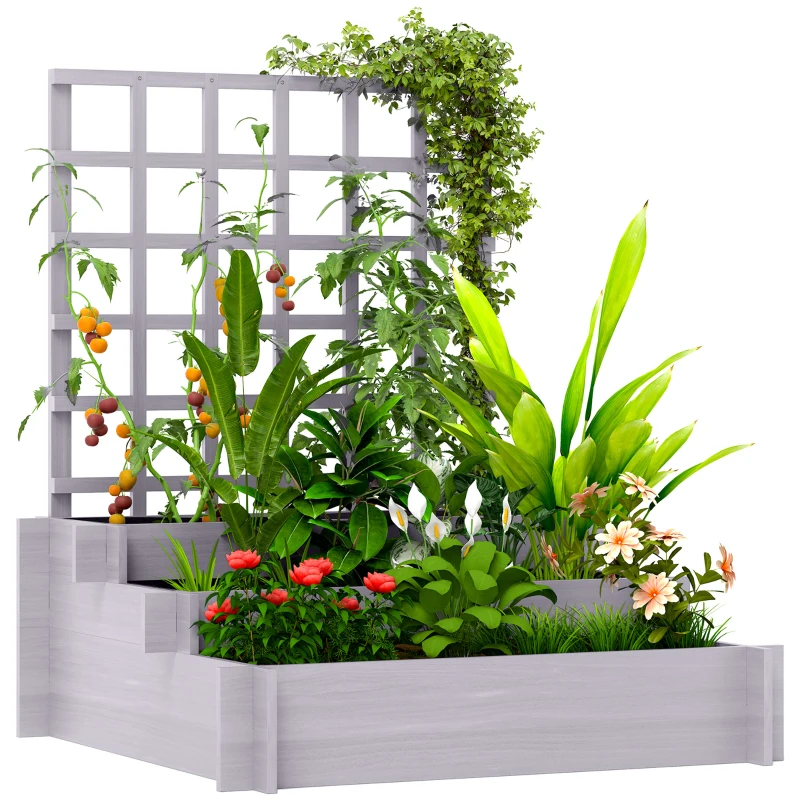 Outsunny 3 Tier Garden Planters with Trellis for Vine Climbing, Wooden Raised Beds, 95x95x110cm, Grey