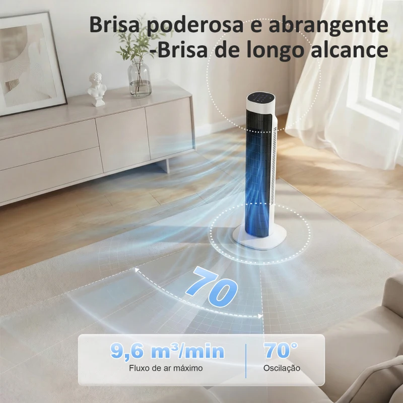 HOMCOM Ventoinha de Torre Ventoinha de Pé Silencioso com Controlo Remoto 3 Velocidades 3 Modos Temporizador 7,5H Oscilação 70° 25x25x80 cm Branco e Preto