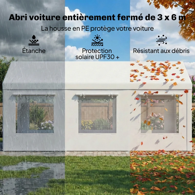 Outsunny Abri de Voiture Tente de Garage Protection UV30+ Hauteur Réglable 6 Fenêtres et Moustiquaire 3x6m Blanc