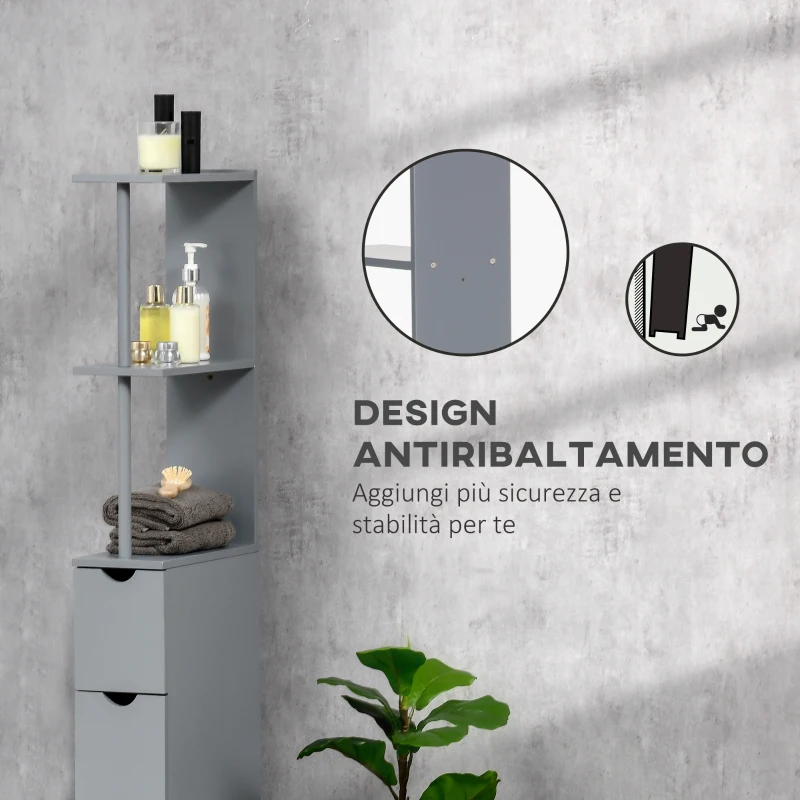 HOMCOM Mobile Colonna Bagno con Ripiani Aperti e Cassetti, in Legno, 15x33x136.8 cm, Grigio