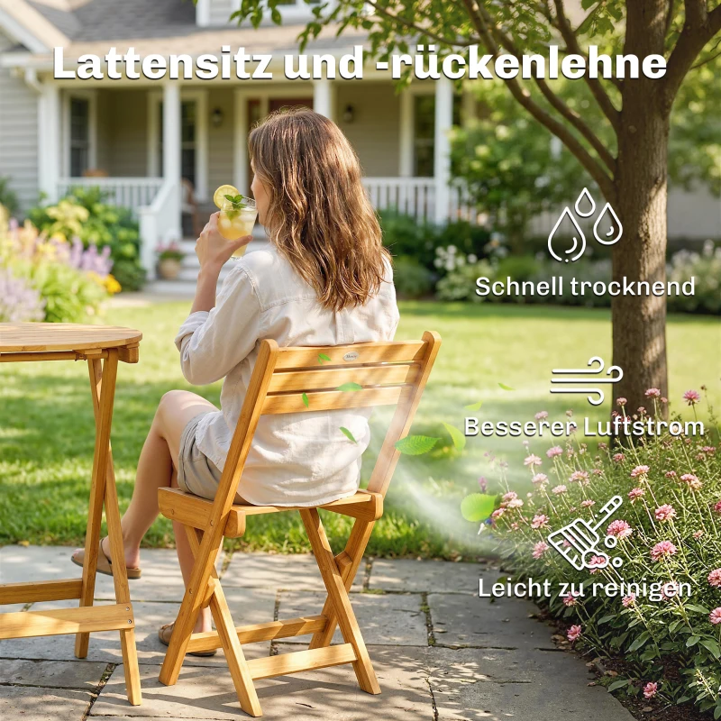 Outsunny Balkonmöbel Set 3 teilig FSC Holz klappbar Gartenmöbel Set mit runder Tisch 2 Stühle Sitzkissen Atmungsaktiv Lamellsitz