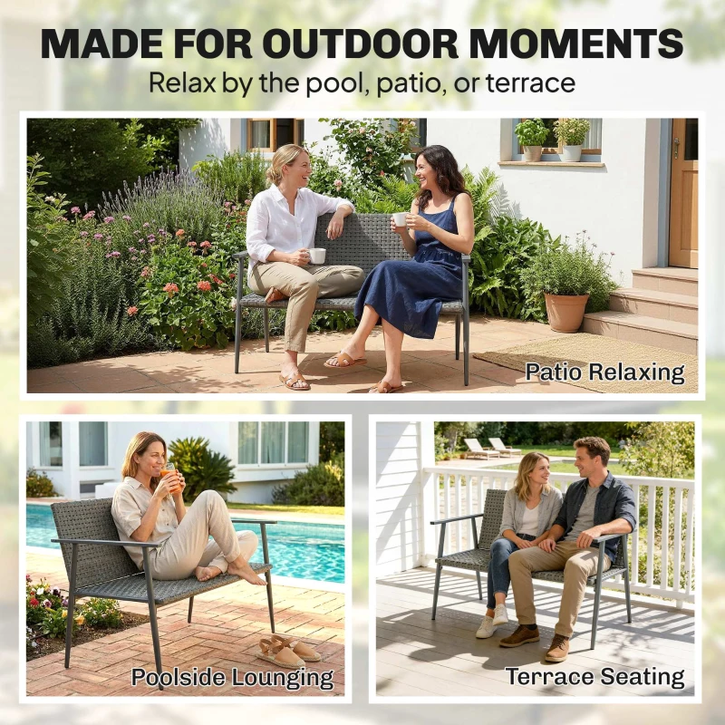 Outsunny 2‑sitzige Gartenbank aus Polyrattan und Stahl, mit Armlehnen, Rückenlehnen und verstellbaren Füßen, 110x58x78cm, Grau