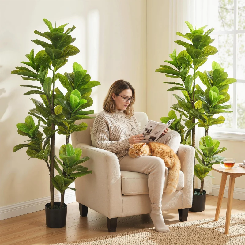 HOMCOM Lot de 2 plantes artificielles intérieures 150 cm, fausse plante à figuier lyre avec pot en ciment, vert