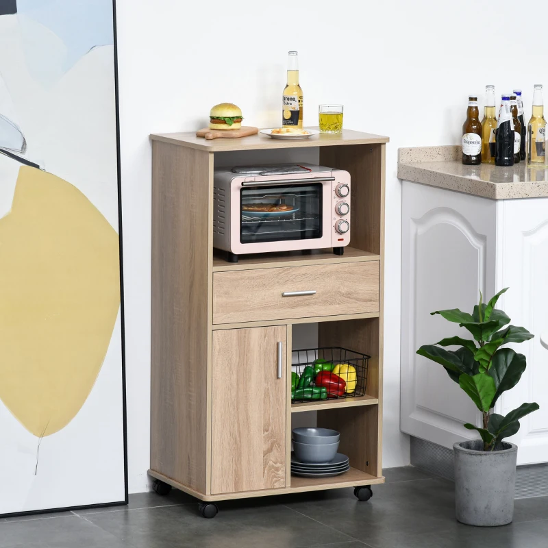 HOMCOM Carrinho de Cozinha para Microondas com 4 Rodas e Freios Gaveta Prateleiras abertas Compartimento com porta 60x40x108 cm Carvalho