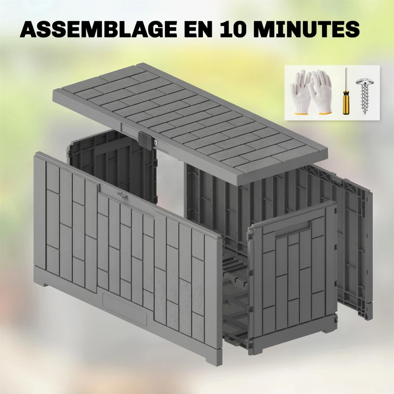 Outsunny Coffre de Rangement Extérieur 379 L Verrouillable avec Vérin à Gaz, Aspect Bois, 122,5x56x62cm, Gris