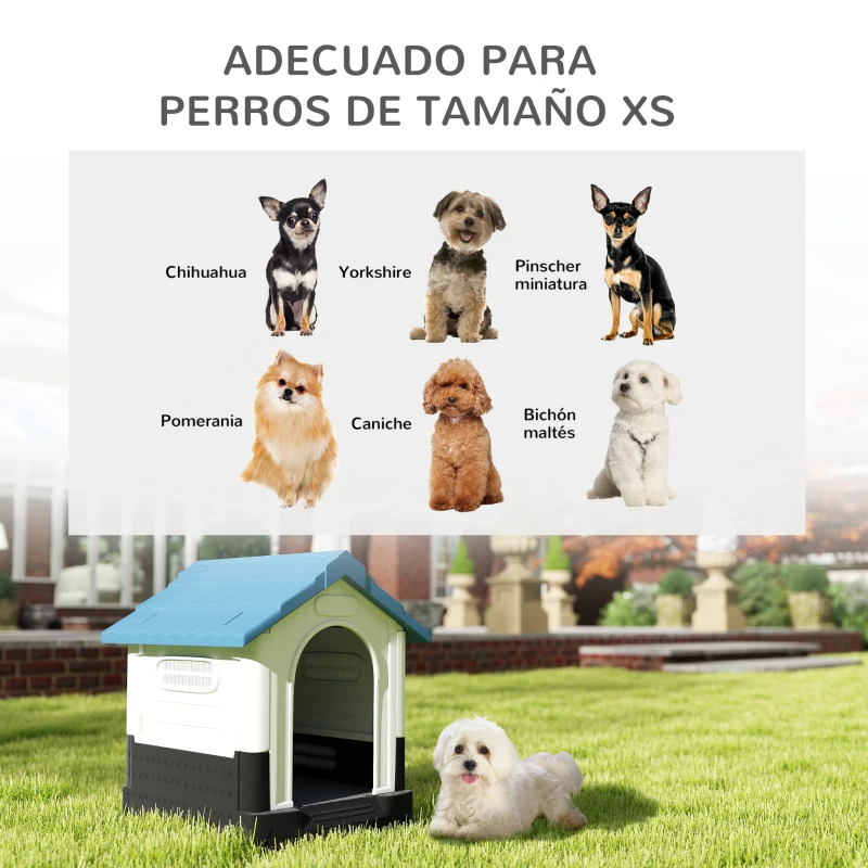 PawHut Caseta para Perros Mini para Exterior de Plástico con 3 Ventanas Base Elevada Techo Inclinado 64,5x57x66 cm Azul