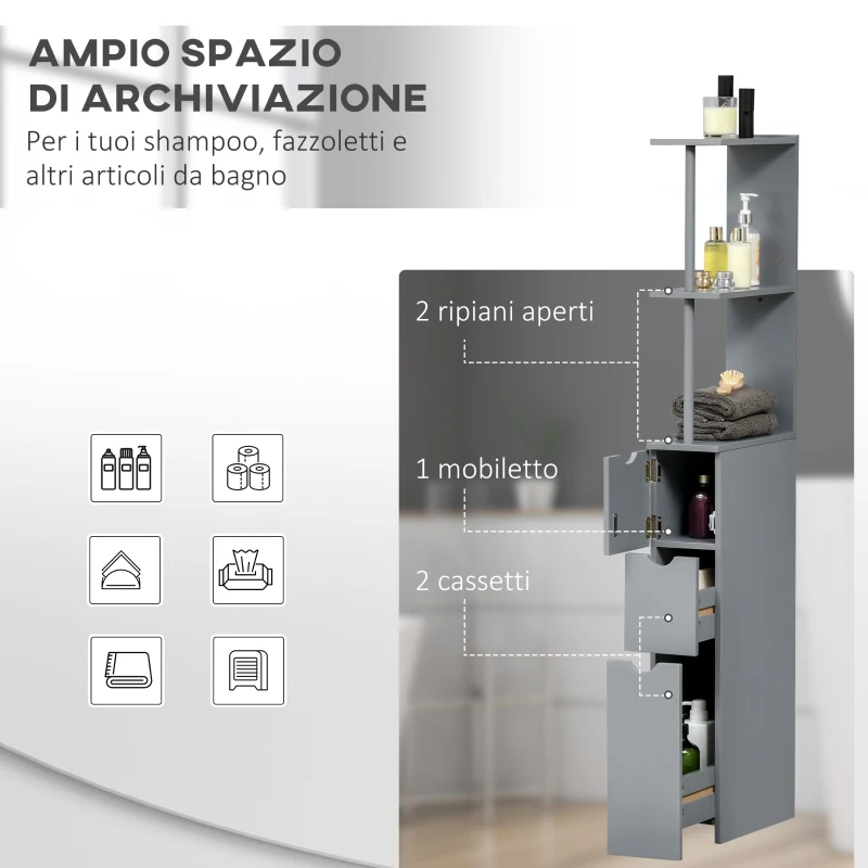 HOMCOM Mobile Colonna Bagno con Ripiani Aperti e Cassetti, in Legno, 15x33x136.8 cm, Grigio
