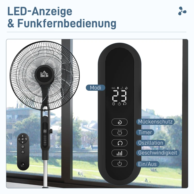 HOMCOM Standventilator leise mit Fernbedienung, 3 Modi, 28 Geschwindigkeiten, Mückenschutz & Oszillation, Schwarz