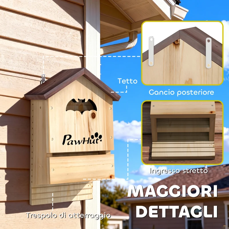 PawHut Set di 3 Casette per Pipistrelli in Legno di Abete, 21.5x11.5x34 cm, Legno Naturale