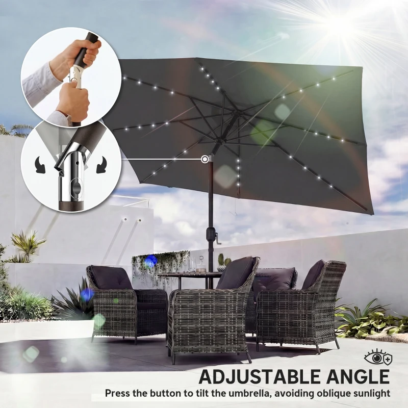 Outsunny 3 x 2 m Garden Parasol Umbrella with LED Solar Light, Parasol Cover, Outdoor Market Patio Umbrella, Black