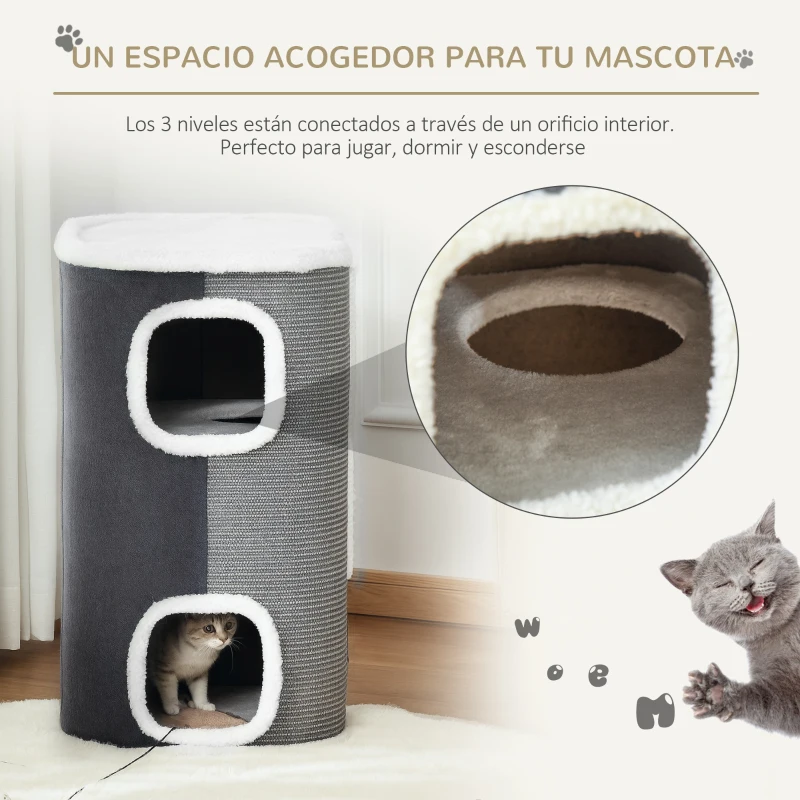 PawHut Barril Rascador para Gatos de 2 Niveles con Cuevas de Sisal Felpa Suave y Plataforma de Vellón 40x40x49 cm Gris