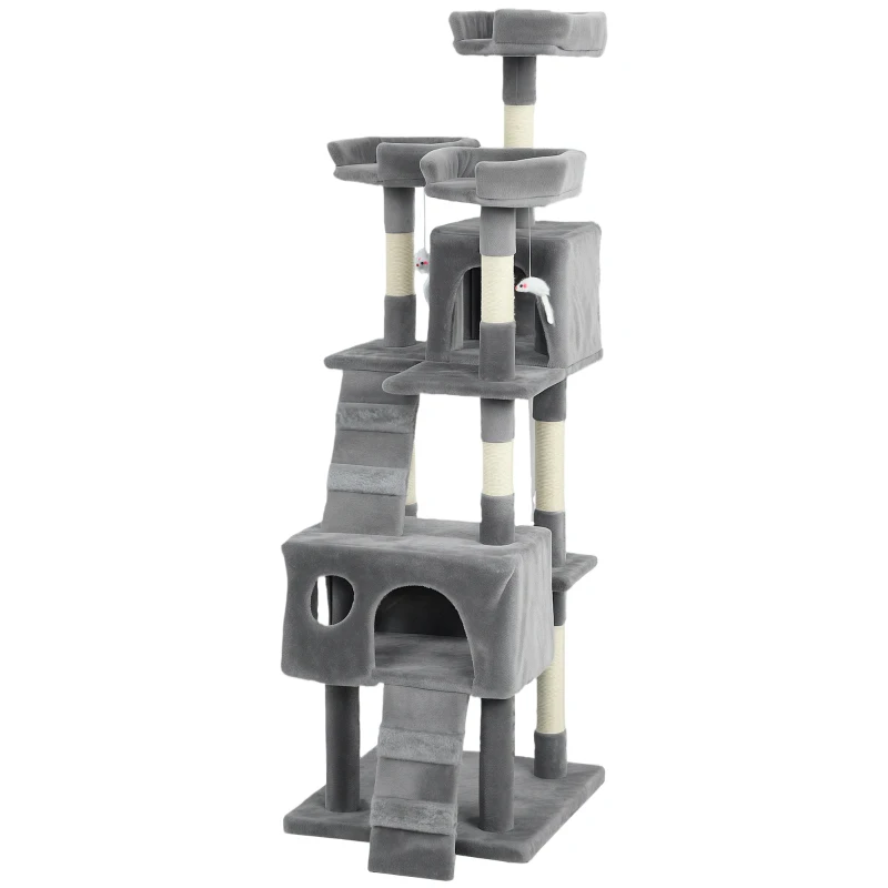 PawHut Árbol Rascador para Gatos Árbol para Gatos 153 cm con 2 Cuevas 3 Camas 2 Rampas Postes de Sisal Ratones Colgantes Gris