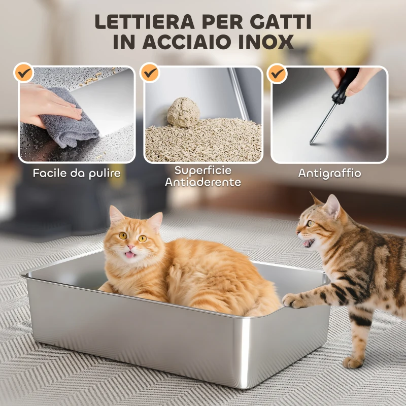 PawHut Lettiera per Gatti Chiusa da 80L con Vassoio Estraibile, in ABS e Acciaio Inox, 63x43x43 cm, Grigio Scuro
