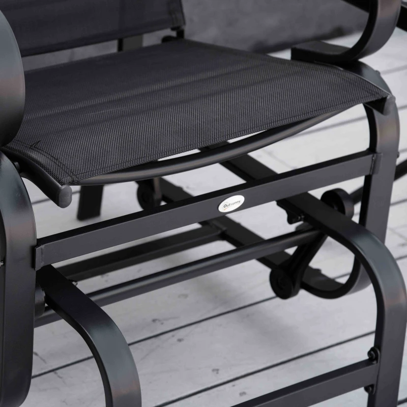 Outsunny 3 Pieces Garden Gliding Chair Set, Metal Frame 2 Single Armchair Swing Seater and 1 Glass Top Coffee Table w/ Breath Mesh Fabric Seat, Black
