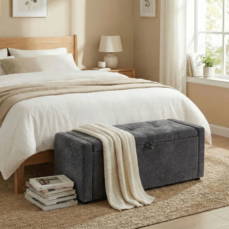 HOMCOM Banc de rangement, bout de lit, repose-pieds rembourré en lin avec assise large, 122 x 48 x 44 cm, gris foncé
