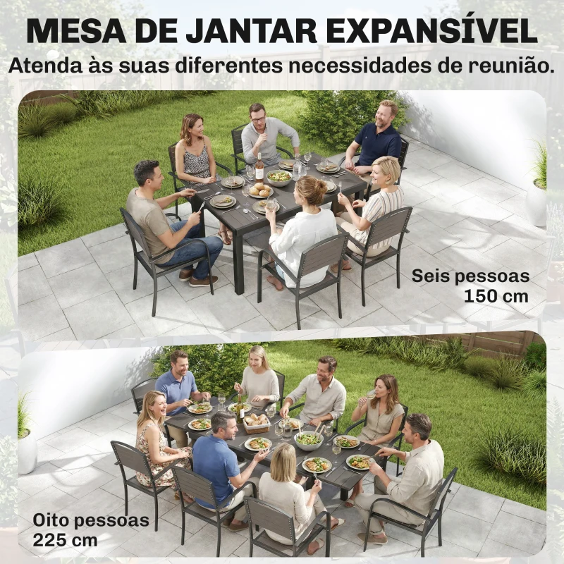 Outsunny Conjunto de Mesa e Cadeiras de Jardim com Mesa Extensível Estrutura de Alumínio 8 Cadeiras e Tampo de Ripas de Madeira Plástica