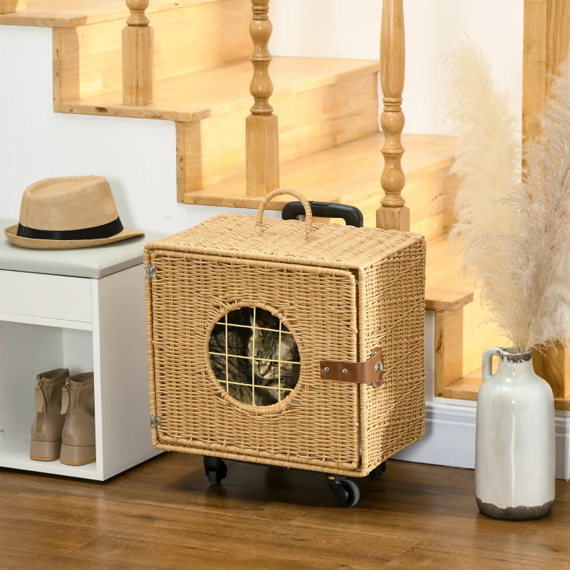 PawHut Caisse de transport pour chat avec roulettes et poignée télescopique en résine tressée effet rotin coussin inclus marron