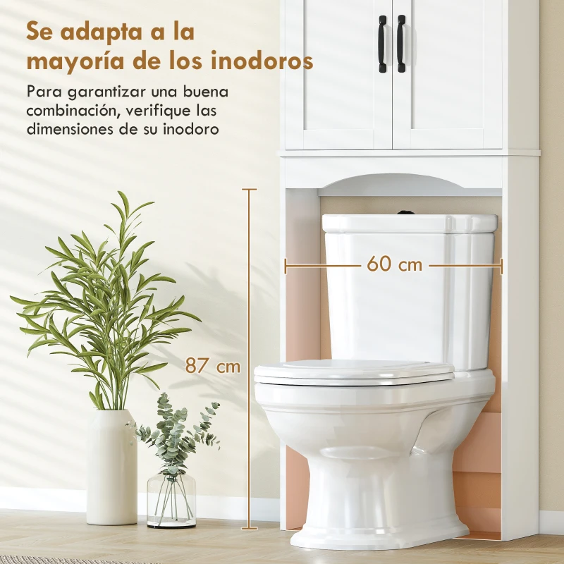 HOMCOM Armario sobre Inodoro Mueble de Baño con 2 Puertas de Cierre Silencioso Estante Abierto 64x21x173,5 cm Blanco