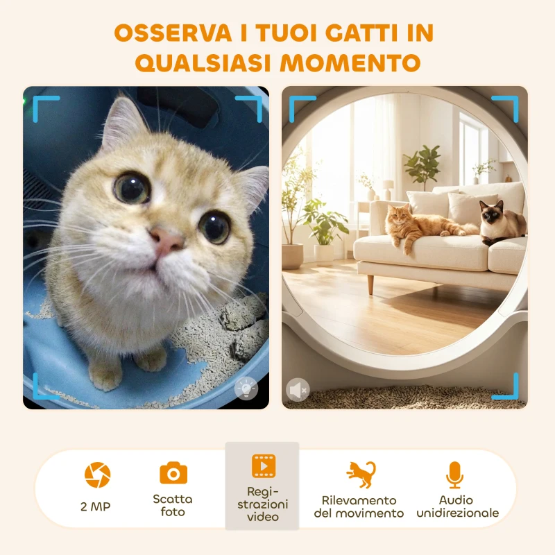 PawHut Lettiera Autopulente con Telecamera HD, Contenitore da 7L e Sensori, in PP e ABS, 58.1x47.5x53 cm, Bianco e Grigio