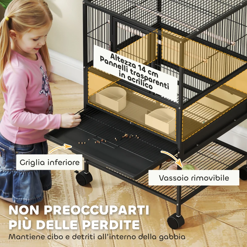 PawHut Gabbia per Uccelli con Ripiano Inferiore, Vassoio e Griglia Rimovibili, in Acciaio e PP, 48x46x83 cm, Nero