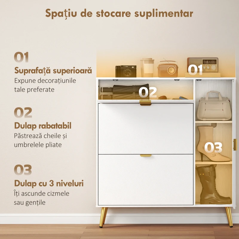 HOMCOM Dulap pentru Pantofi Slim cu Uși Rabatabile, Rafturi Reglabile, pentru 12 Perechi, Alb