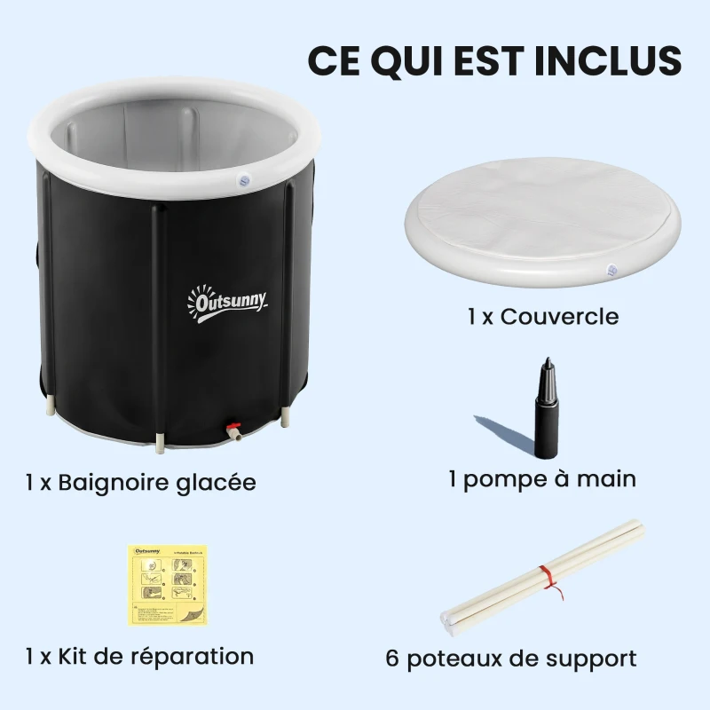 Outsunny Baignoire à Glace Pliable Gonflable 280 L avec Couvercle et Pompe pour Entraînement à l'Eau Froide, 78x78x71 cm, Noir