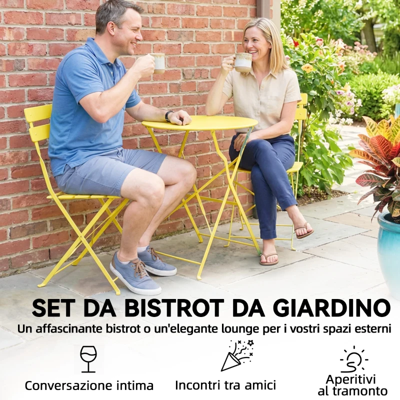Outsunny Set Bistrò, Tavolo e Sedie Pieghevoli per 2, Giardino, Giallo.