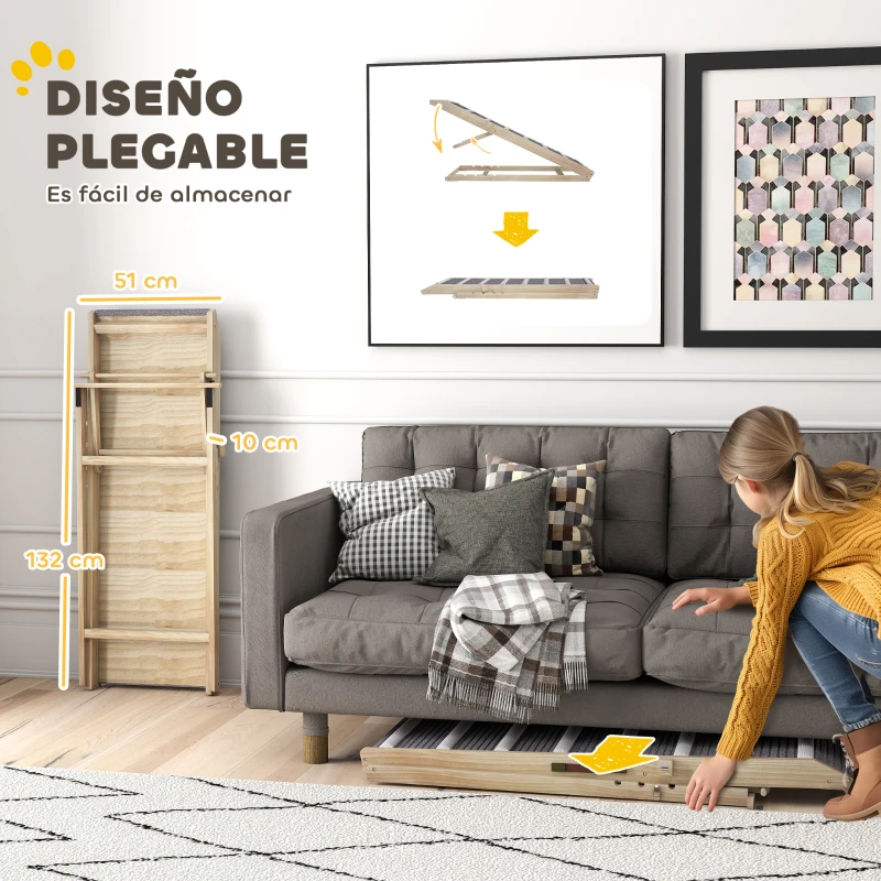 PawHut Rampa para Perros Plegable y Altura Ajustable 41-60 cm Rampa para Mascotas de Madera con Alfombrilla Antideslizante