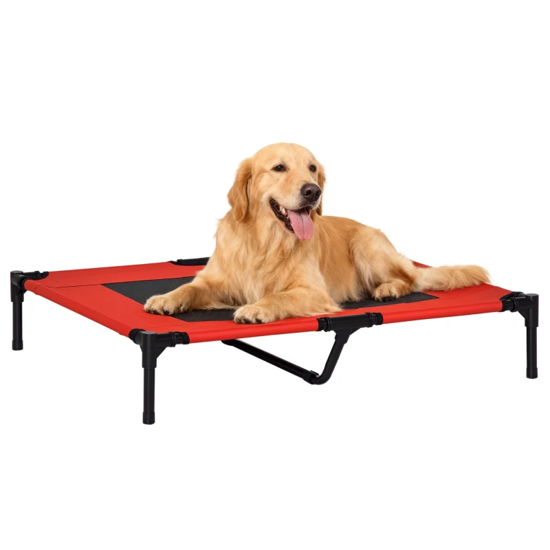 PawHut Cama Elevada para Perros Gatos Portátil Cama para Mascotas con Zona de Malla Transpirable y Tela Oxford para Interior Exterior 91,5x76,2x18 cm Rojo