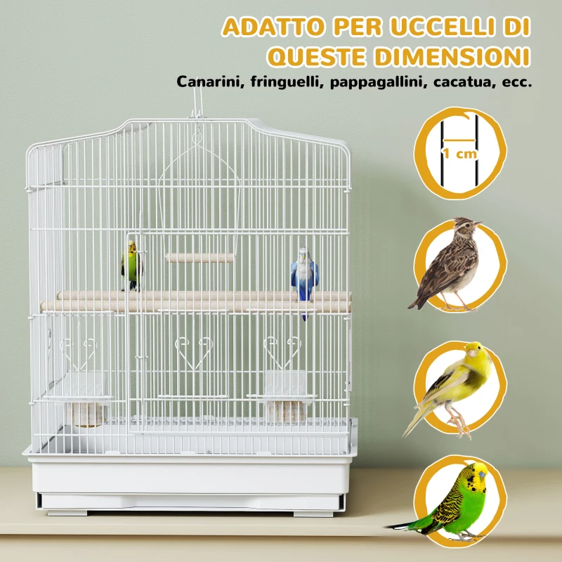 PawHut Gabbia per Uccellini Portatile con Maniglia, Vassoio Estraibile e 5 Porte, Posatoi e Altalena, Bianco