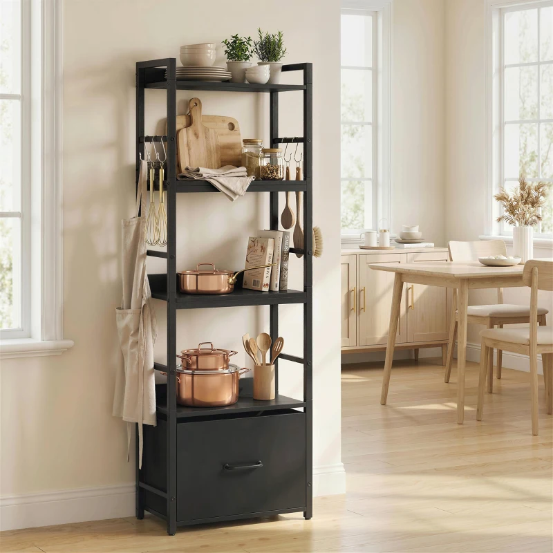 HOMCOM 4-Tier Bookshelf, Narrow Bookcase with Drawer, 8 Hooks, Metal Frame, Black