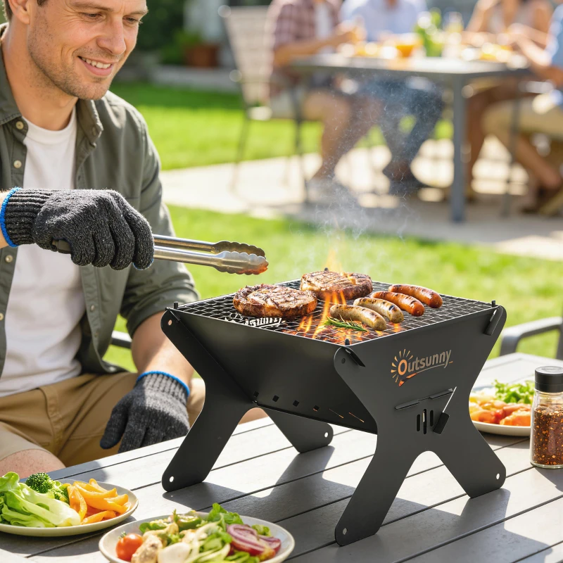 Outsunny 2-In-1 Portable BBQ Grill and Camping Fire Pit, Tabletop Charcoal Barbecue Grill with Gripper, Gloves and Carry Bag