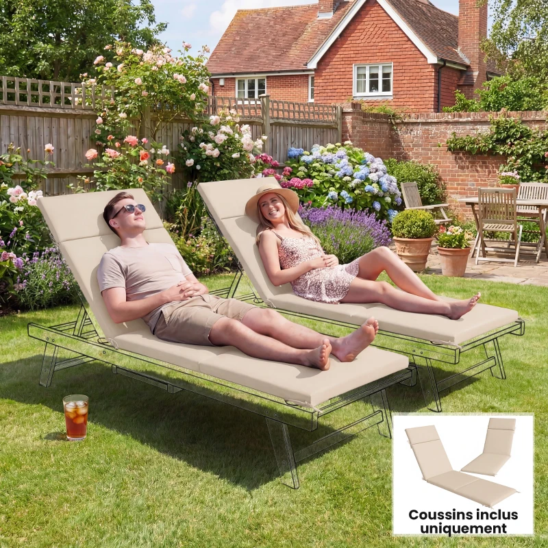 Outsunny Lot de 2 Coussins de Chaise Longue Bain de Soleil avec 6 Attaches, Résistance UV, 183x53,5x6,5cm, Crème