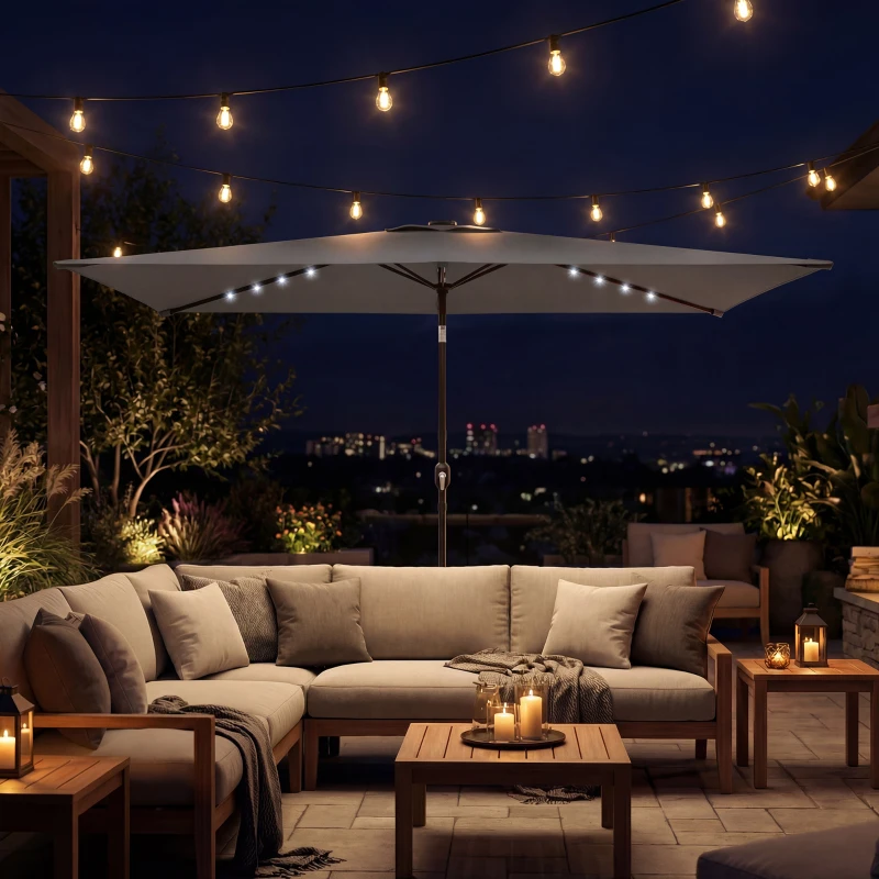 Outsunny 3 x 2 m Garden Parasol Umbrella with LED Solar Light, Parasol Cover, Outdoor Market Patio Umbrella, Dark Grey