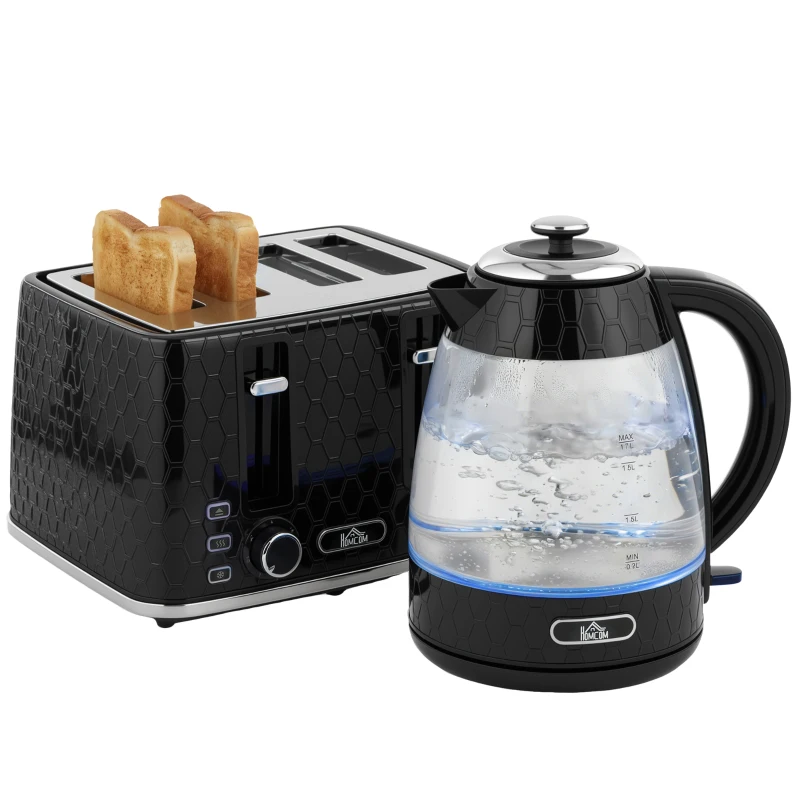 HOMCOM 1,7L 2200W Schnellkoch-Wasserkocher und 4-Scheiben-Toaster-Set mit Kalkfilter, Schwarz