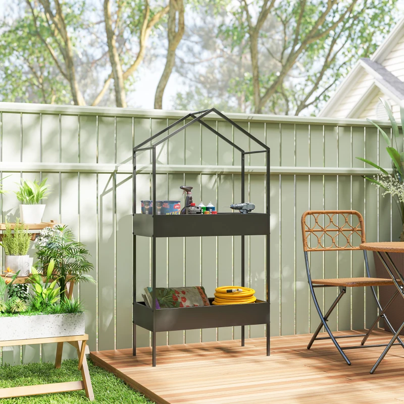 Outsunny 2 Tier Plant Stand, Outdoor Indoor Metal Plant Stand with Hook, House-Shaped Pots Holder Display Rack, Black