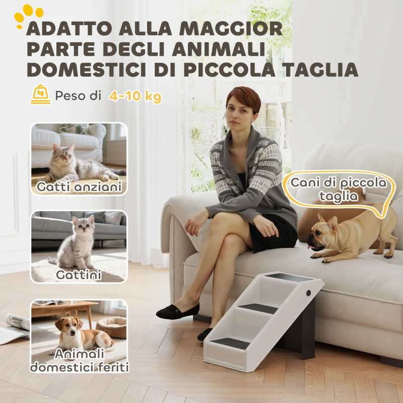 PawHut Scaletta per Cani e Gatti con 3 Scalini Antiscivolo, Design Pieghevole con Capacità 10 kg, Crema
